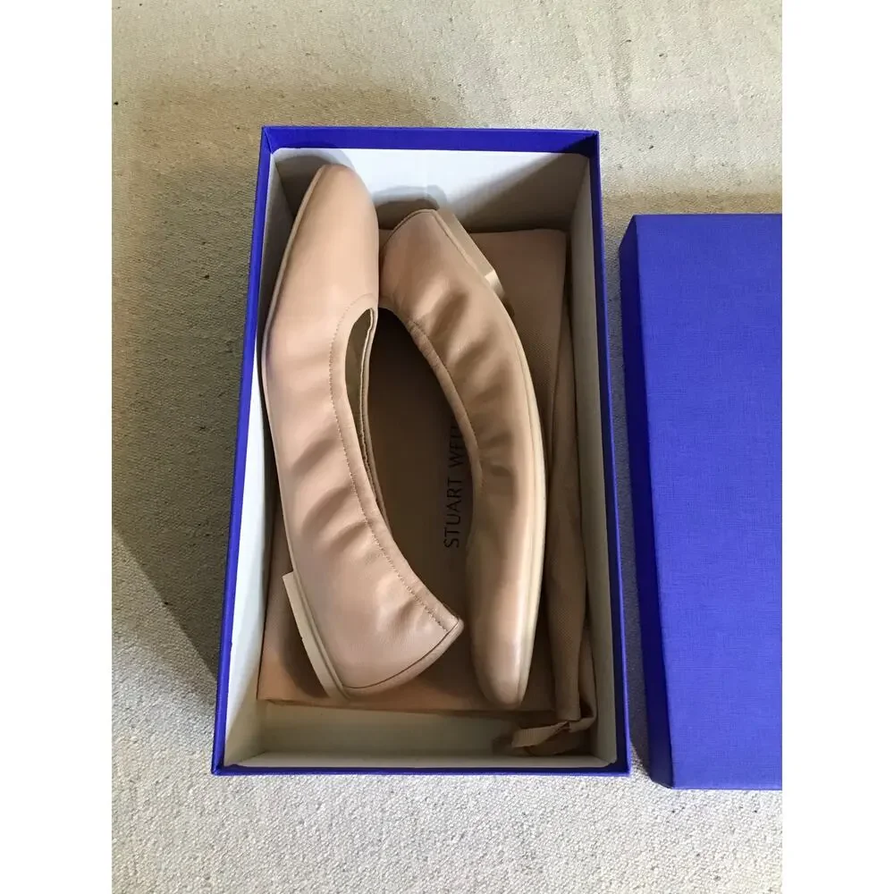 Stuart Weitzman nude leather ballet flats square toe ruched elastic detail 9.5